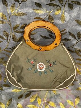Olive Green Boho Embroidered Tote with Wooden Handles